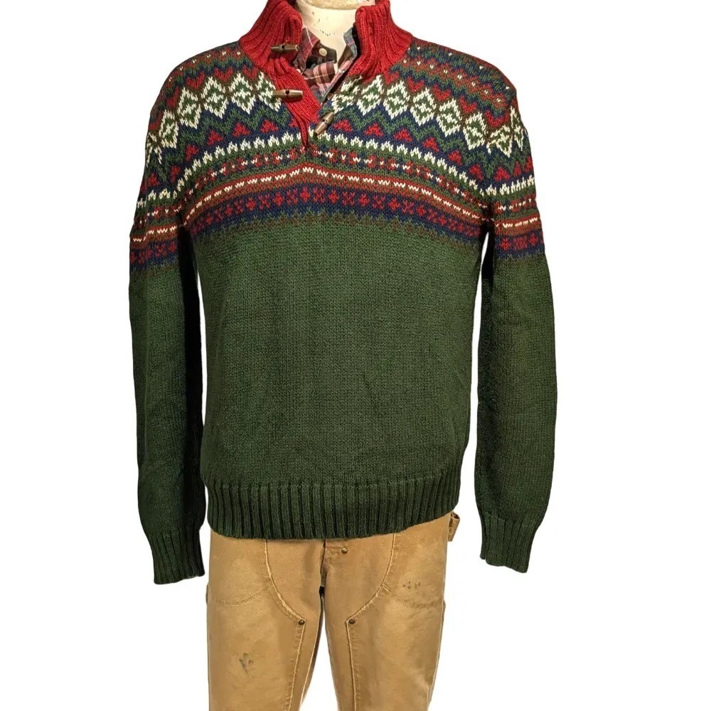 VTG Polo Ralph Lauren Mens Fair Isle Toggle Mock Neck Sweater Sz L EUC